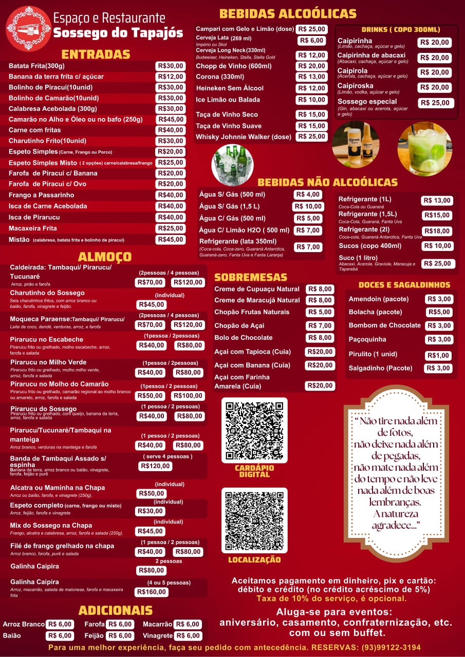 Cardápio do Espaço e Restaurante Sossego do Tapajós